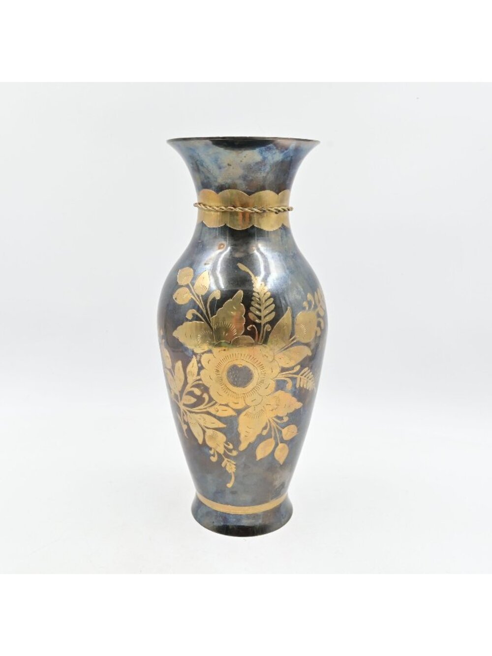 Brass Vase Etched Floral Black Gold India Footed Fluted Rim Boho 12.5" Vintage